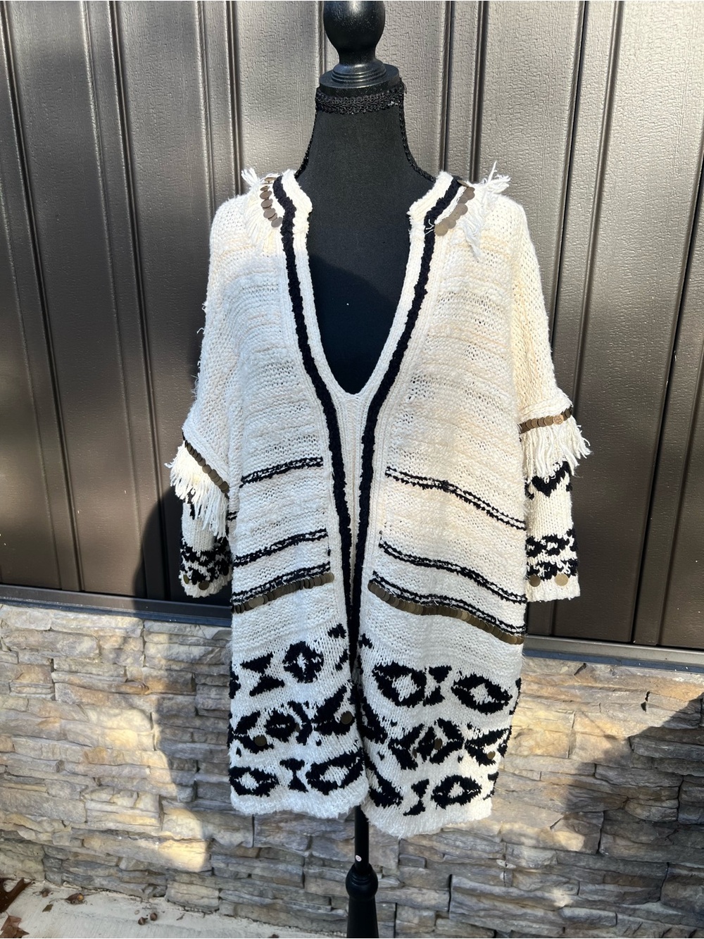 Anthropologie Cream & Black Fringe pull on Oversized Top/ Sweater